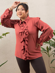 Women Rust Solid Front Button Ruffle Shirt
