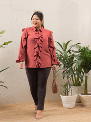 Women Rust Solid Front Button Ruffle Shirt