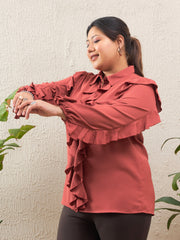 Women Rust Solid Front Button Ruffle Shirt