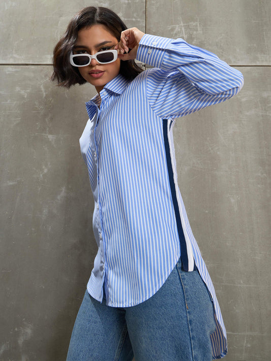 Women Blue & White Striped Side Tape Shirt