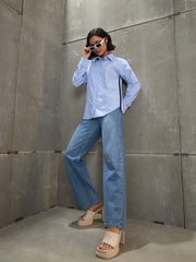 Women Blue & White Striped Side Tape Shirt