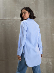 Women Blue & White Striped Side Tape Shirt