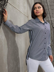 Women Black & White Striped Side Tape Shirt