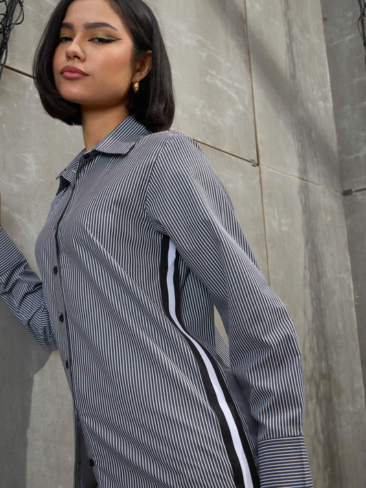 Women Black & White Striped Side Tape Shirt