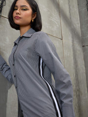 Women Black & White Striped Side Tape Shirt