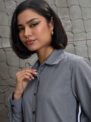Women Black & White Striped Side Tape Shirt