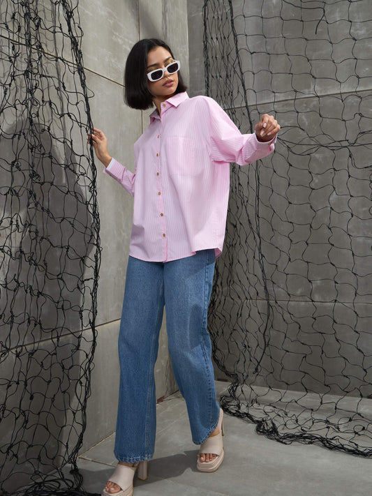 Women Pink & White Stripes Gold Buttons Oversized Shirt