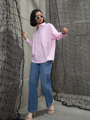 Women Pink & White Stripes Gold Buttons Oversized Shirt