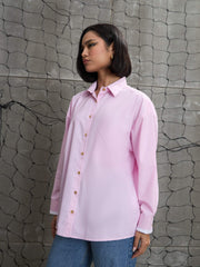 Women Pink & White Stripes Gold Buttons Oversized Shirt