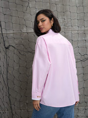 Women Pink & White Stripes Gold Buttons Oversized Shirt