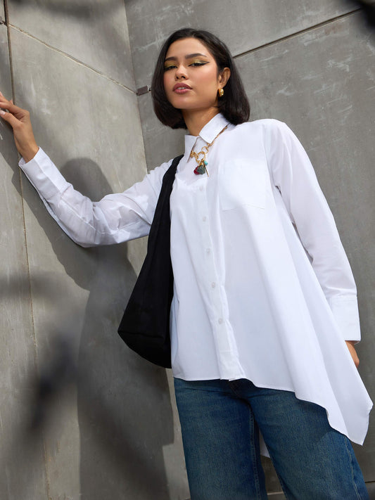 Women White Poplin Assymetric Hem Shirt