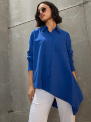 Women Royal Blue Poplin Assymetric Hem Shirt