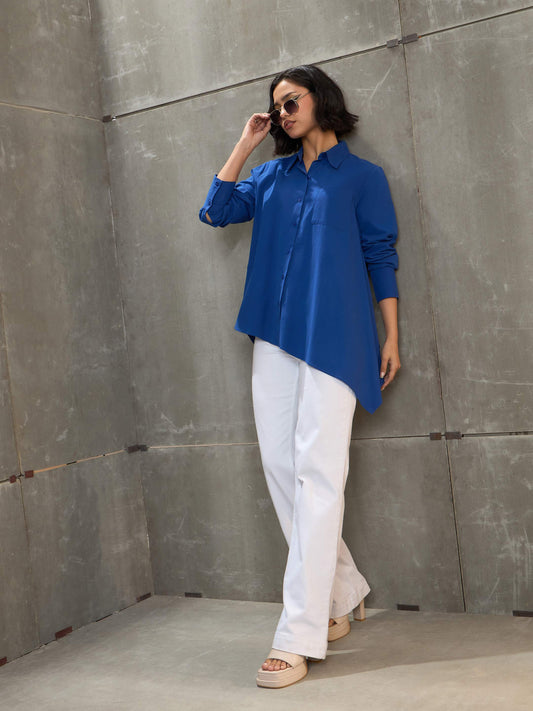 Women Royal Blue Poplin Assymetric Hem Shirt
