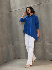 Women Royal Blue Poplin Assymetric Hem Shirt