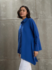 Women Royal Blue Poplin Assymetric Hem Shirt
