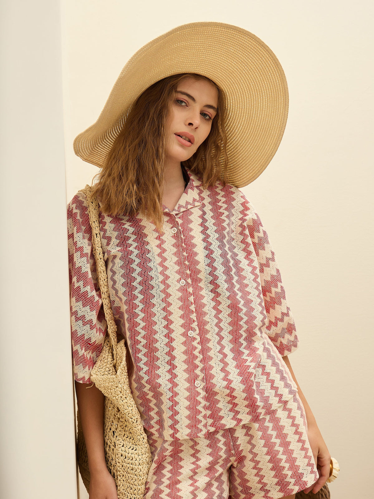 Women Red & Beige Chevron Stripe Oversized Shirt