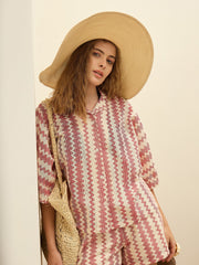 Women Red & Beige Chevron Stripe Oversized Shirt