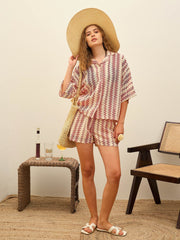Women Red & Beige Chevron Stripe Oversized Shirt