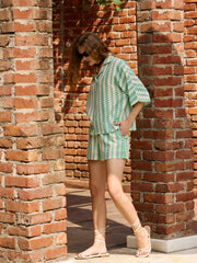 Women Green & Beige Chevron Stripe Oversized Shirt