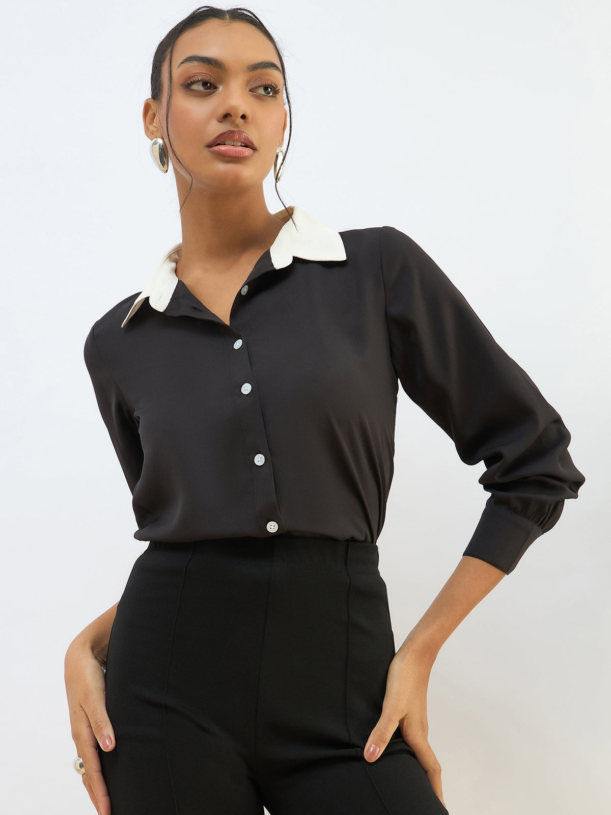Women Black Contrast Collar Regular Shirt