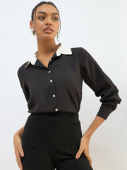Women Black Contrast Collar Regular Shirt