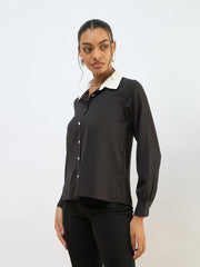 Women Black Contrast Collar Regular Shirt