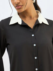 Women Black Contrast Collar Regular Shirt