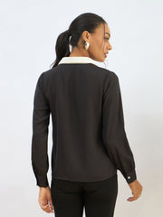 Women Black Contrast Collar Regular Shirt