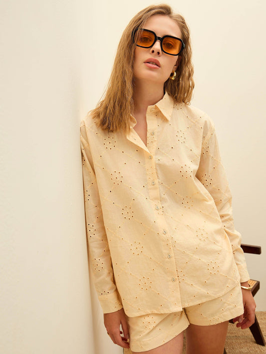 Women Ecru Schiffli Full Sleeve Regular Shirt With Shorts