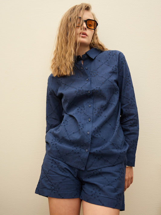 Women Navy Schiffli Full Sleeve Regular Shirt With Shorts