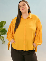 Women Mustard Sleeve Knot Collar Shirt