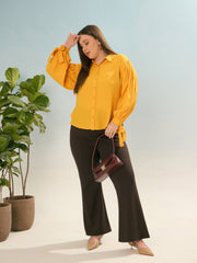 Women Mustard Sleeve Knot Collar Shirt