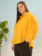Women Mustard Sleeve Knot Collar Shirt