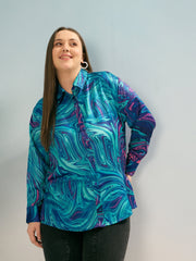 Women Blue Printed Regular Satin Shirt