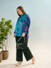 Women Blue Printed Regular Satin Shirt