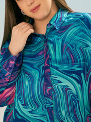 Women Blue Printed Regular Satin Shirt
