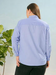 Women Blue Stripes Poplin Regular Shirt