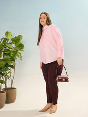 Women Pink Stripes Poplin Front Pocket Regular Shirt