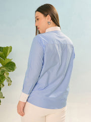Women Blue Stripes Poplin Contrast Detail Shirt
