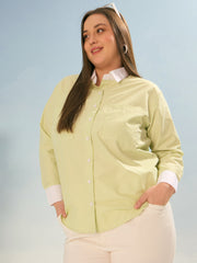Women Green Stripes Poplin Contrast Detail Shirt