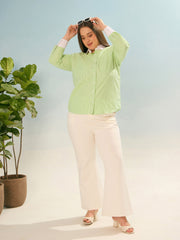 Women Green Stripes Poplin Contrast Detail Shirt