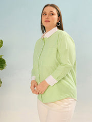 Women Green Stripes Poplin Contrast Detail Shirt