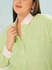 Women Green Stripes Poplin Contrast Detail Shirt