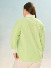 Women Green Stripes Poplin Contrast Detail Shirt