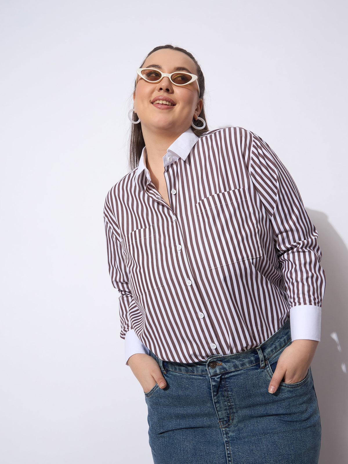 Women Dark Brown Stripes Poplin Contrast Detail Shirt