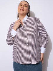 Women Dark Brown Stripes Poplin Contrast Detail Shirt