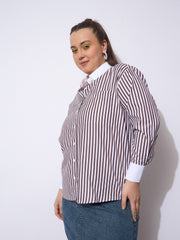 Women Dark Brown Stripes Poplin Contrast Detail Shirt