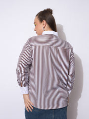 Women Dark Brown Stripes Poplin Contrast Detail Shirt