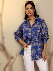 Women Blue Poplin Floral Regular Shirt