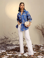 Women Blue Poplin Floral Regular Shirt